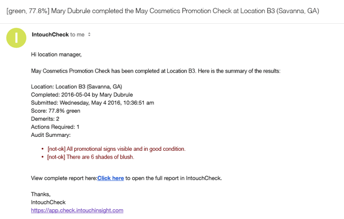 Screenshot of notification from IntouchCheck that the check has been completed. 