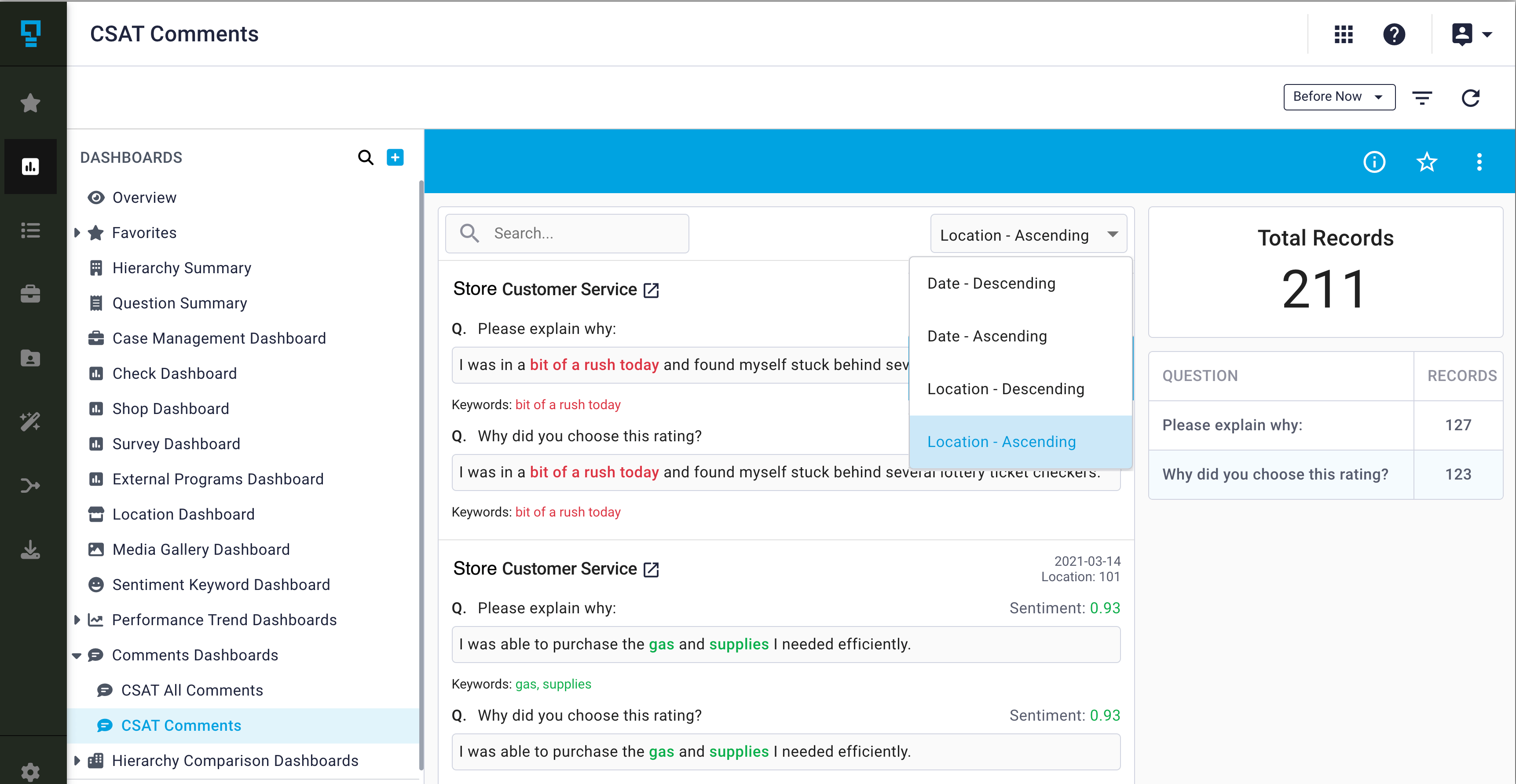new feature allows for users to sort by location in the comment dashboard in IQ