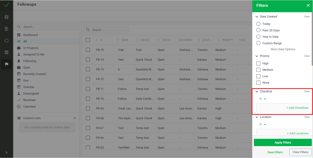 You can filter follow-ups from the hundreds of available checklists by using the checklist name filter.