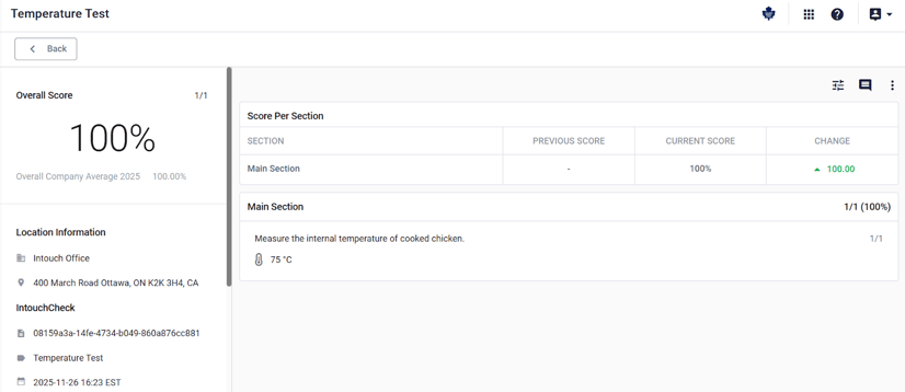 Temperature question results displayed in IntouchIntelligence, showing recorded temperature values, section scores, and overall check performance.