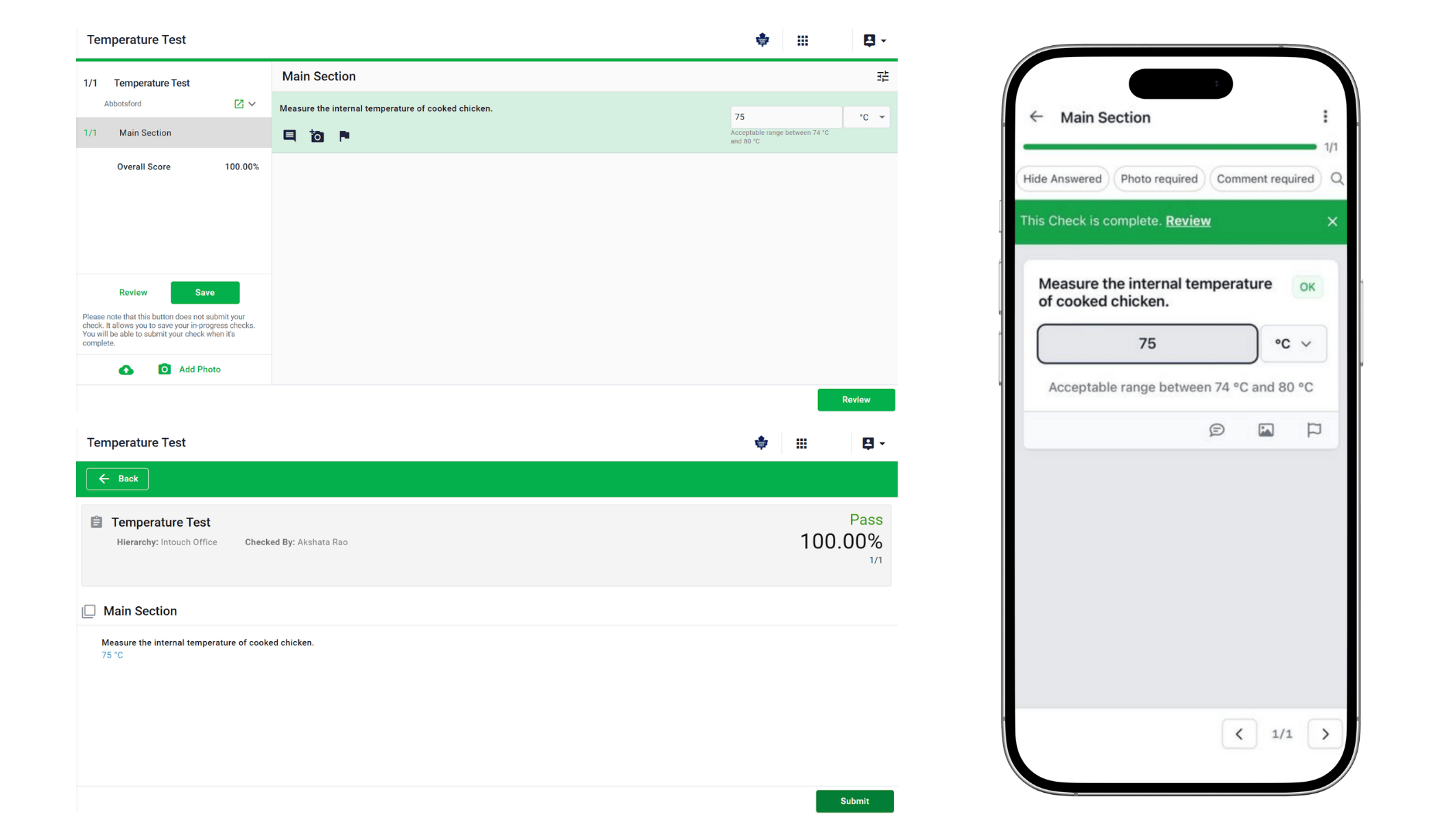 Temperature question shown in IntouchCheck across web and mobile, illustrating how users enter a temperature value, view the acceptable range, and submit a completed response with a clear pass result.