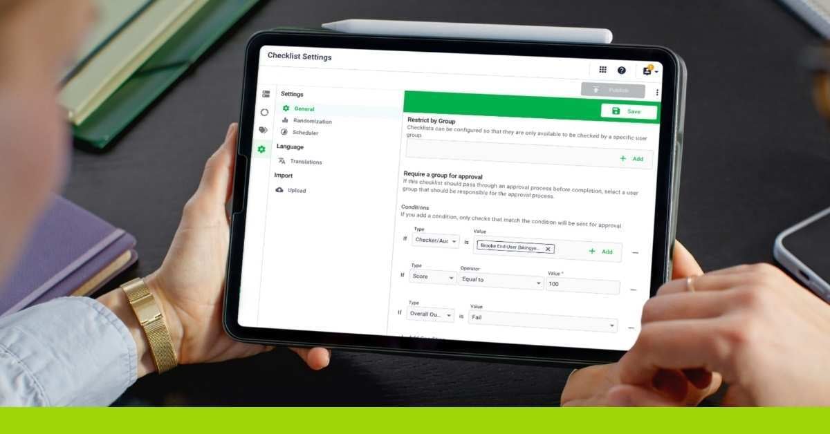 Automated audit management software workflow rules on a tablet screen, showing risk-based routing criteria