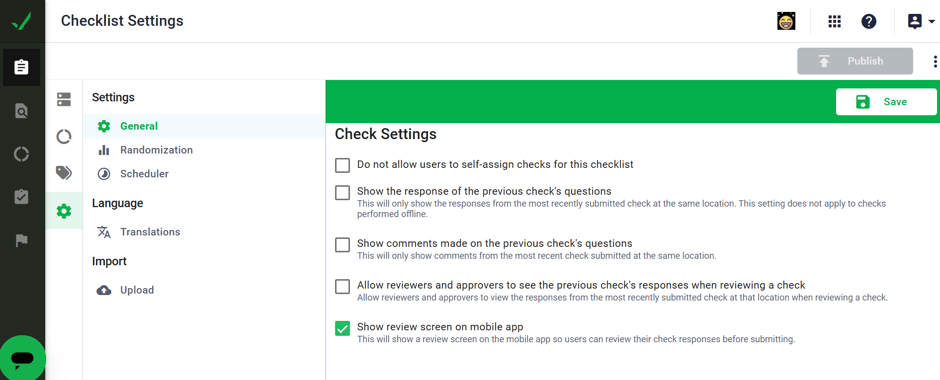 Screenshot of IntouchCheck Checklist Settings highlighting the new “Show review screen on mobile app” option, enabling users to review responses before submission.