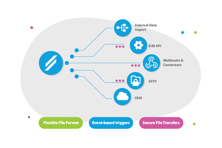 Pull data from various sources using webhooks, connectors, CRM, API, external drives, cloud or SFTP.