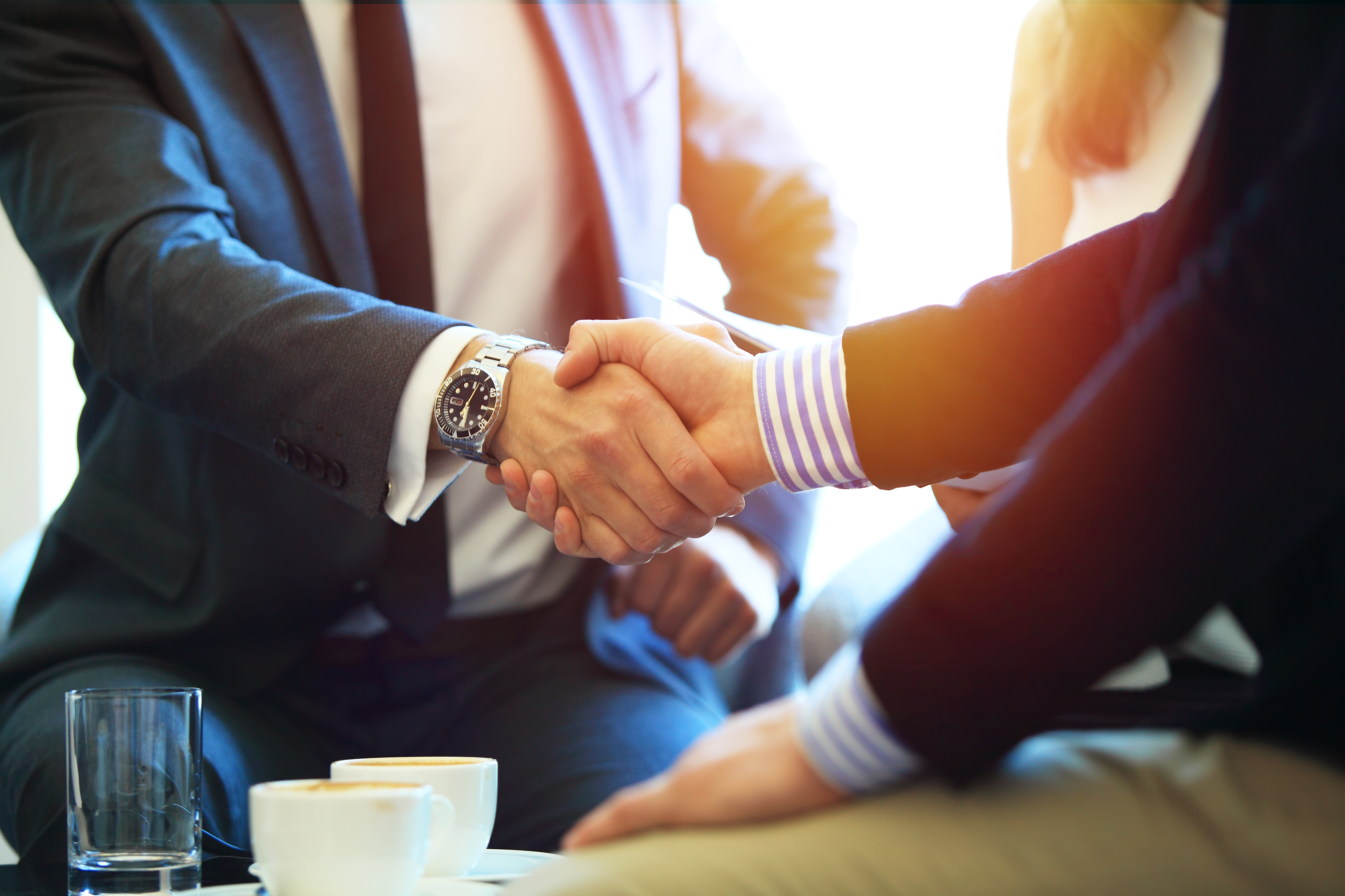 Business professionals shaking hands on a customer experience partnership